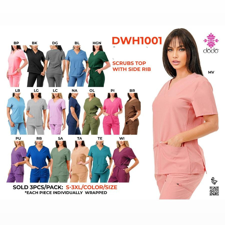 Dodo Scrub Top with Side Rib – DWH1001 (Multiple Colors, S–3XL)