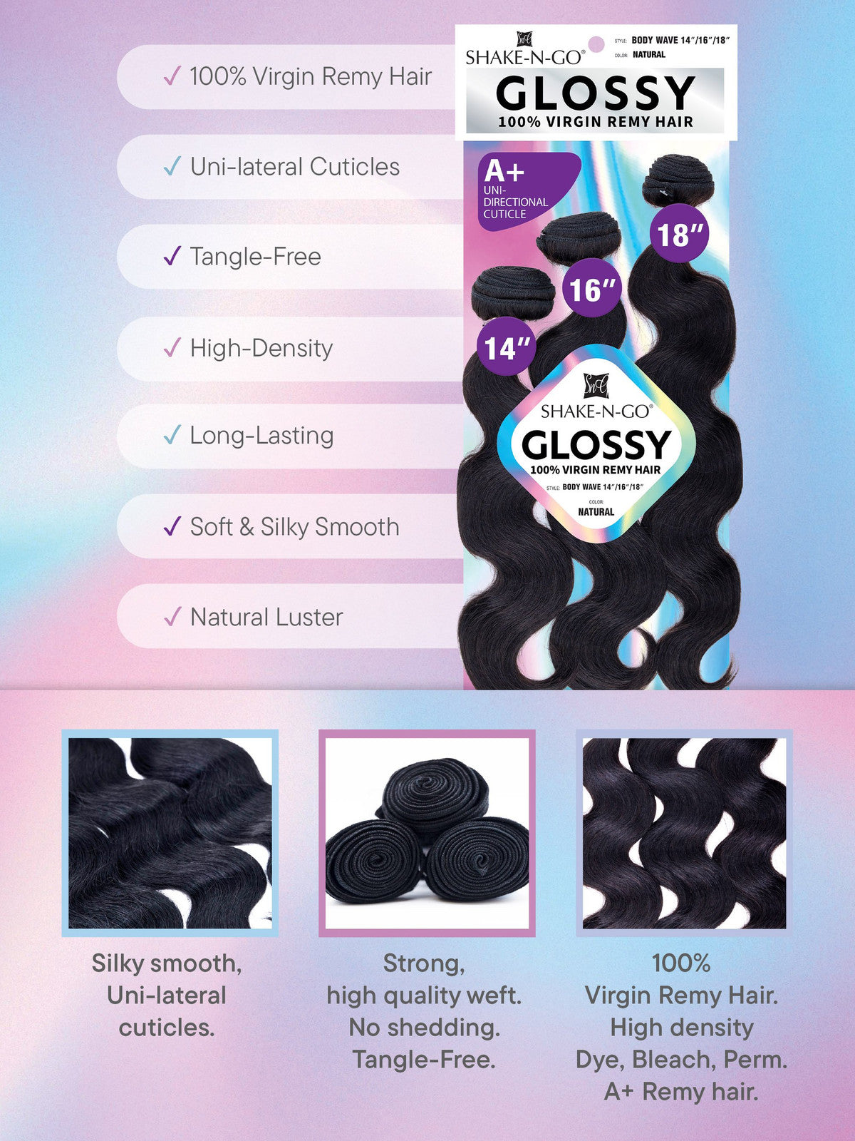 SHAKE-N-GO GLOSSY 100% VIRGIN REMY HAIR - 3 BUNDLES